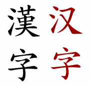 Hanzi (čínské znaky) – vlevo v tradičním písmu, vpravo ve zjednodušeném