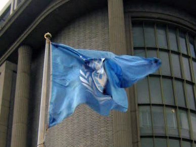 Vlajka OSN před soudním tribunálem