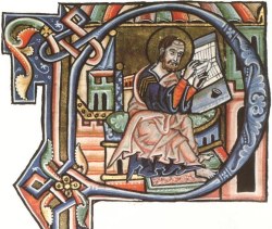 Mnich při psaní, držící pero a škrabací nůž