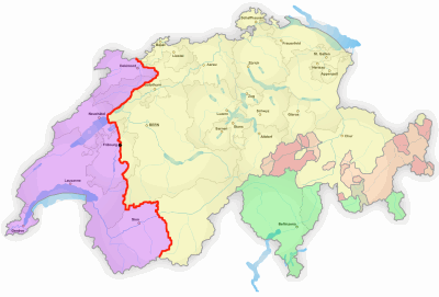 Švýcarsko s červeně vyznačenou hranicí němčiny a francouzštiny (Röstigraben)
